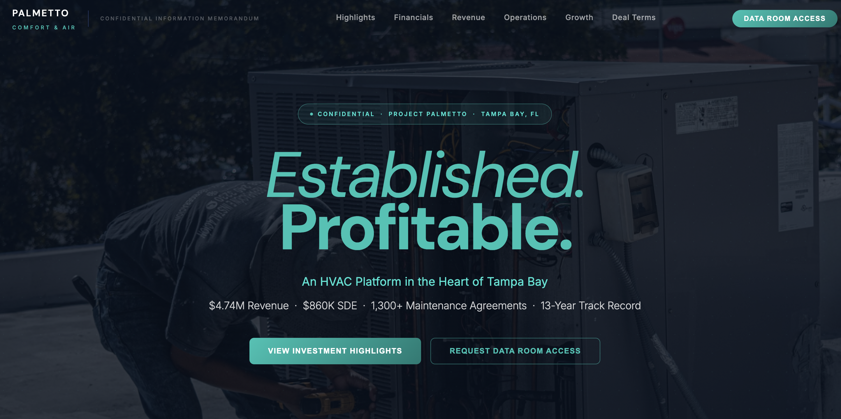 Project Palmetto Smart CIM — HVAC platform deal cover with Established. Profitable. headline, key investment metrics, and data room access