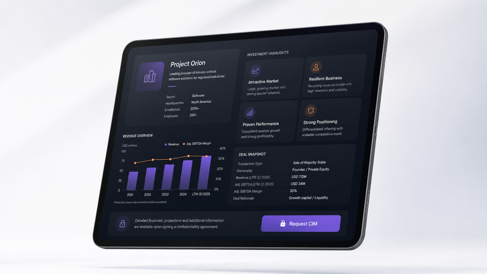 Smart Teaser preview — interactive deal one-pager with drill-down metrics, scenario toggles, and live peer benchmarks